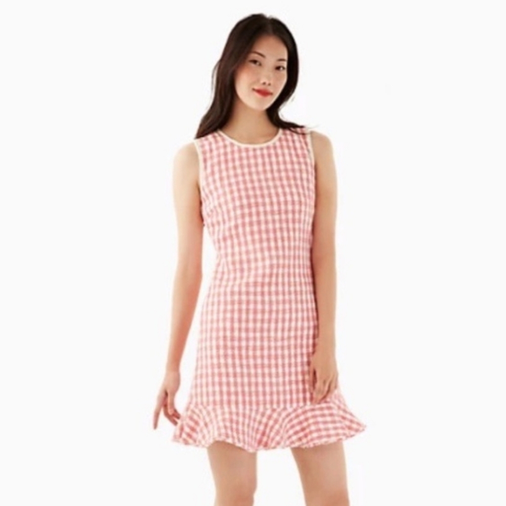 Kate Spade New York Gingham Flutter Hem Sleeveless Tweed Dress pink size 6 EUC